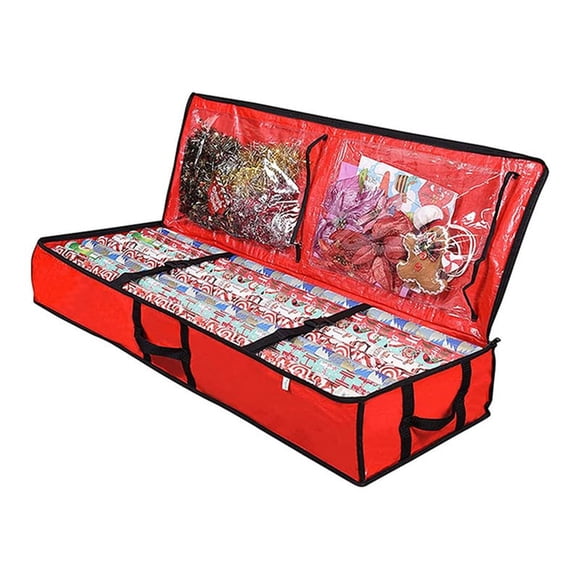 Christmas wrapping paper storage box, gift packaging organizer, under bed storage bag with elastic partition and pocket, durable fabric material gift packaging storage bag, used for ribbons, decorat