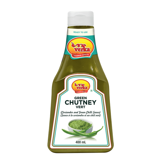 Verka Green Chutney jar showing bright green 400ml chutney with visible coriander and mint bits; Verka-branded, ready-to-use spicy condiment suitable as a dip, sandwich spread or chaat complement, often used to add tangy zest to snacks.