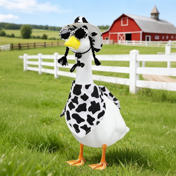 Ensemble de Tenue pour Oie de Porche Style Vache / Ensemble de Costume pour Oie de Pelouse de 23 Pouces avec Casquette, Foulard Triangulaire, Lunettes / Décor Blanc en Polyester Durable pour Jardin, Cour, Patio, Exposition Extérieure