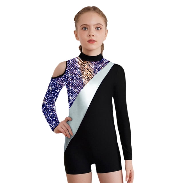 YONGHS Kids Girls Gymnastics Glitter Unitard Cold Shoulder Long Sleeve Rhinestones Color Block Patchwork Leotard Snakeskin Blue 6