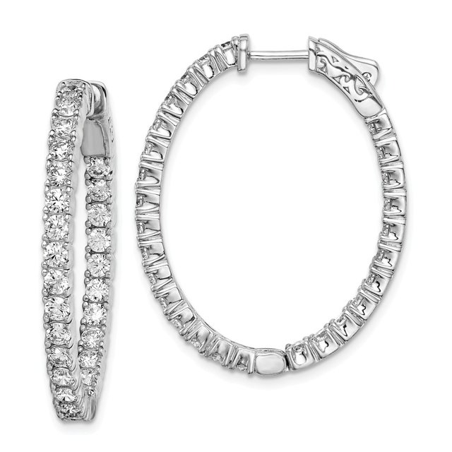 925 Sterling Silver Polished Hinged hoop Safety clasp Rhodium Plated CZ Cubic Zirconia Simulated Diamond In and Out Oval