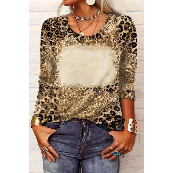 a.Jesdani T-Shirt à Manches Longues à Imprimé Guépard Blanchi - Léopard Chic à Manches Longues pour Toute Occasion