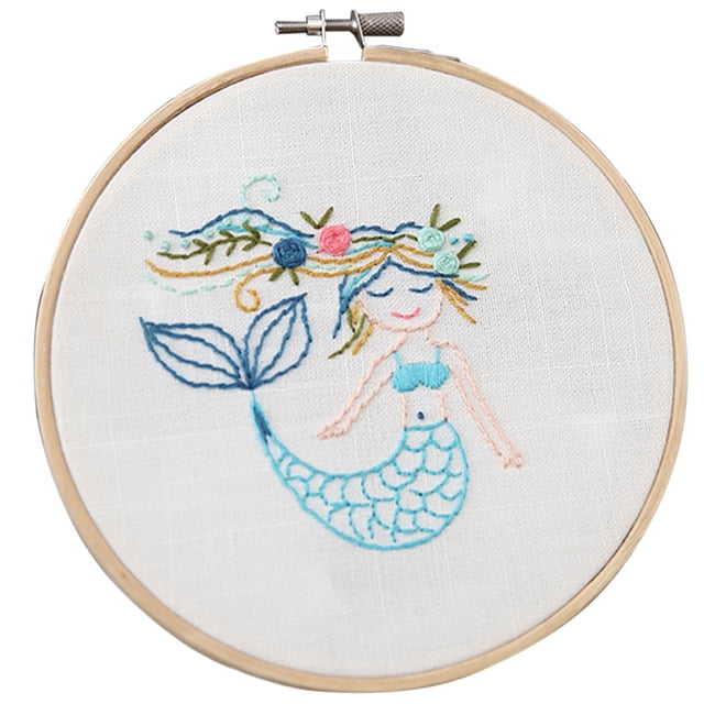 DIY Cross Stitch Kit Handmade Needlework Embroidery Kit featuring a mermaid design. The kit includes a multicolor embroidery pattern on linen fabric, secured in a 15cm (5.91in) bamboo hoop with an adjustable screw for fabric tension. Ideal for beginners and craft enthusiasts, this kit is suitable for creating home or office decorations or as a thoughtful gift.