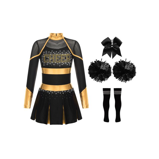 Hansber Tenues de Cheerleading pour Filles Uniforme de Cheerleading Robe Fantaisie avec Pompons Ensemble de Bas Doré&Noir 6