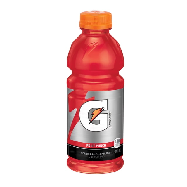 Gatorade Fruit Punch Sports Drink 591mL plastic bottle with bright red liquid and orange cap, featuring a silver label with a large white G and lightning bolt logo. This electrolyte drink is scientifically formulated to rehydrate, replenish fluids, and refuel muscles during intense physical activity, supporting hydration and endurance.