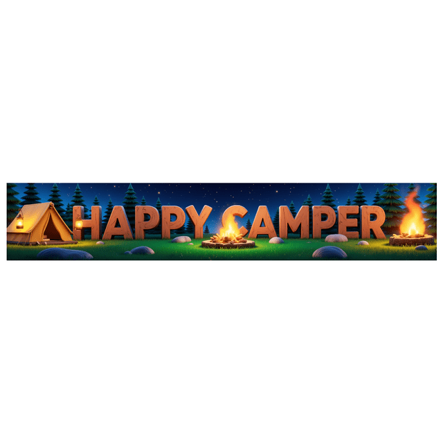 Forest Design Happy Camper Tent Banner Campfire Nature Scene for Outdoor Adventure Camping Event