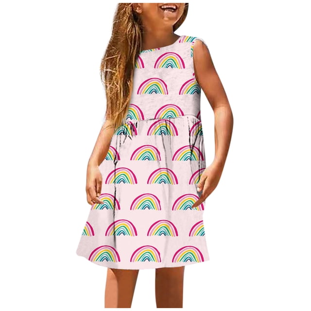 PMVFHDE Robe Florale Printemps Été pour Filles / Col Rond Sans Manches Tenue Décontractée / Tenue Légère pour Fête pour Tout-Petits à Préadolescents Rose,7-8