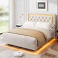 thumbnail image 2 of GloryStar Smart LED Floating Bed, Boucle Upholstered Platform Frame with Diamond Headboard and Solid Wood Slats, 2 of 8
