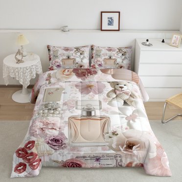 Erosebridal Fashion Perfume Bedding King Comforter Set, Vintage Flower Down Comforter, Red Lip Reversible Comforter Sets King Size, Microfiber Bedroom Decor, 3 Pieces