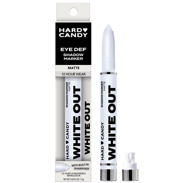 Hard Candy Eye Def Eyeshadow Stick White Out matte finish shown with packaging and open creamy white shadow marker featuring built-in sharpener and 12-hour wear for crease-resistant eye makeup application.