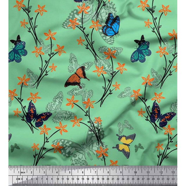 Soimoi Green Velvet Fabric Flower & Butterfly Printed Fabric 1 Yard 58 Inch Wide