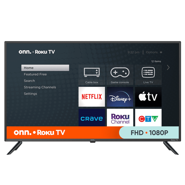 onn. 40" 1080p FHD Roku Smart TV displaying its home screen with popular streaming apps like Netflix, Disney+, Apple TV, Crave, Roku Channel, and CTV, featuring a 40-inch LED screen with Roku interface and dual stand legs, suitable for streaming cable, live TV, and gaming.