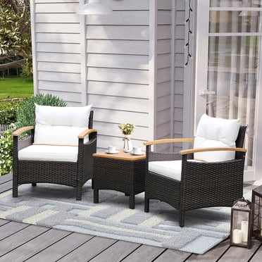Costway Ensemble de Mobilier de Terrasse en Rotin 3 Pcs avec Accoudoirs en Bois, Dessus de Table, Coussins pour Terrasse