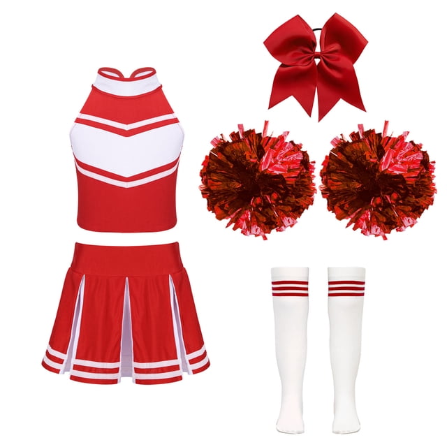 Fldy High School Girls Cheer Leader Cheerleading Uniform Outfit Matching Pom Poms and Socks A Red 6