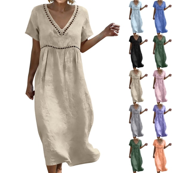 Sentmoon Woman Dress Date Night Dress Summer 2026 Short Sleeve V Neck Lace Loose Fit Womens Dresses for Wedding Guest for Lounge and Relax S-3XL