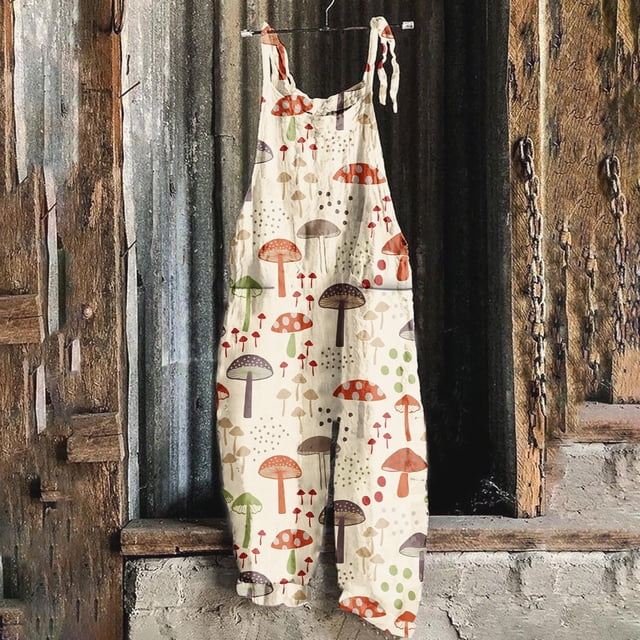 LOVZFMLL Women's Jumpsuit, Printed Summer Sleeveless Backless Loose Long Romper Beige, XL