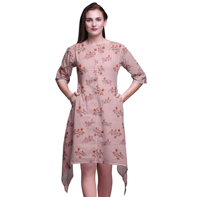 Bimba Baies Roses Rouges et Oiseau Bulbe Kurtas pour Femmes Ethniques Imprimés Asymétriques Hauts d'Été pour Femmes XSmall