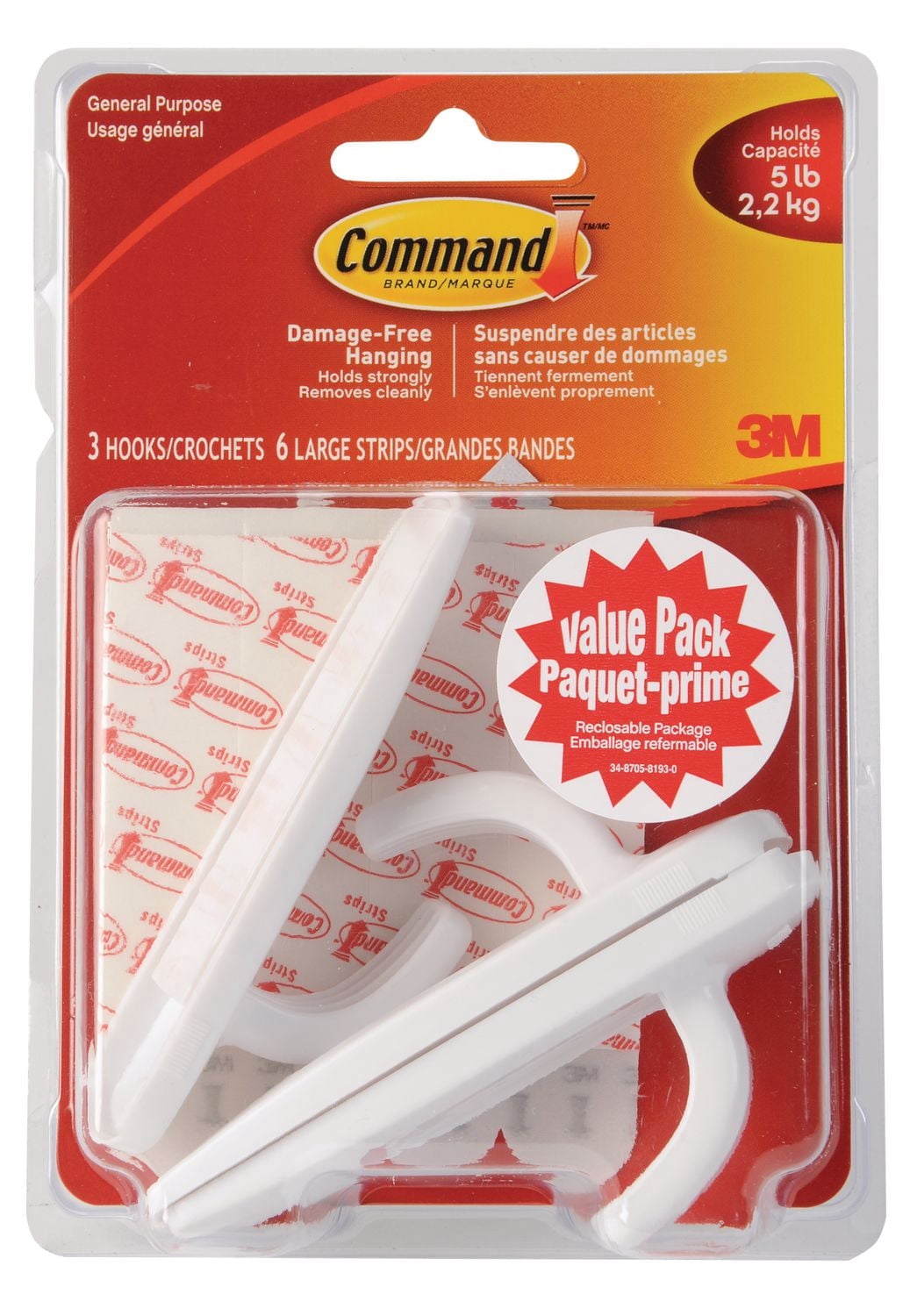 Crochets utilitaires 17003C-VP Command(MC), grands, blancs, 2,3 kg (5 lb), 3 crochets, 6 bandes, paquet-prime