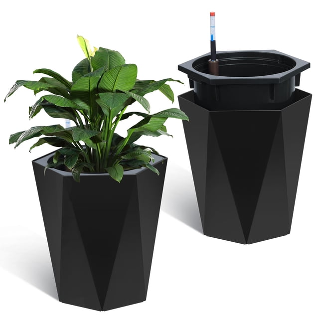 AKDSteel 16 Inch Tall Diamond Planters Set of 2, Self Watering Planters with Water Level Monitor and Wheels, Flower Pots Outdoor and Indoor for Patio, Porch, Living Room, Home Office