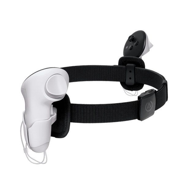 PowerA Hip Clip for Meta Quest 3 / 3S with a black adjustable belt up to 45 inches and two detachable white holders securing Meta Quest 3 / 3S controllers, designed for easy access and secure storage during VR gaming sessions.