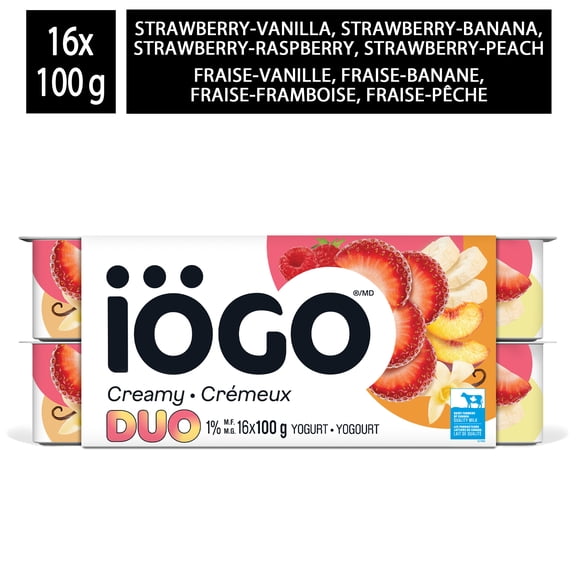 iÖGO Pots de yogourt Duos fraise-banane, fraise-pêche, fraise-framboise et fraise-vanille 1 %