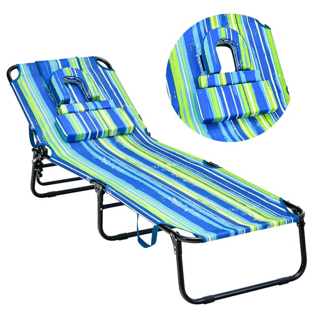 Topbuy Chaise Longue de Plage à Rayures Bleues et Vertes avec Trou de Bronzage Réglable Face vers le Bas et Coussin Amovible. Conçue pour la Détente en Plein Air, Elle Présente un Cadre en Métal Robuste, un Tissu Oxford Respirant et 5 positions de Dossier Réglables pour un Confort Ergonomique. Légère et Pliable, Idéale pour les patios, Terrasses, au Bord de la Piscine Ou Jardins.