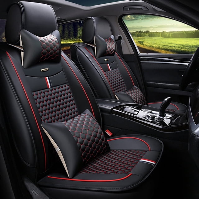 Maidao Car Seat Covers Leather for SEAT for Altea 2004-2015 5 Seats Waterproof Soft Front Rear Cushion Protector with Pillow and Headrest Black and Red