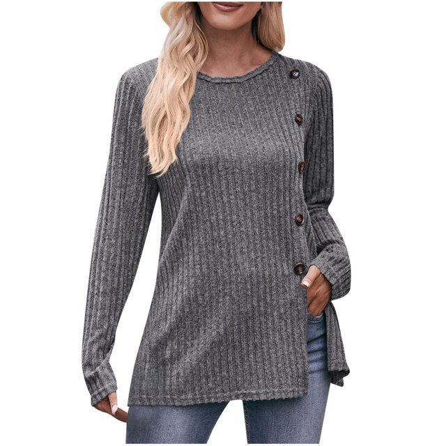 Pisexur Womens Casual Asymmetrical Sweater Solid Color Long Sleeve Ribbed Knit Sweater Crew Neck Button Front Pullover