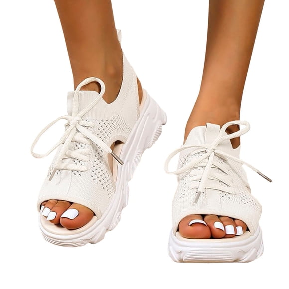 Sandales Orthopédiques à Talon Compensé en Tricot Léger pour Femmes, Décontractées, Plateforme, Antidérapantes, à Lacets, Bout Ouvert, Chaussures de Plage, Blanches, Taille 8,5