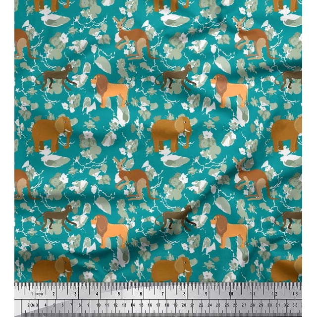 Soimoi Polyester Crepe Fabric Kangaroo,Elephant & Lion Animal Print Sewing Fabric Yard 52 Inch Wide