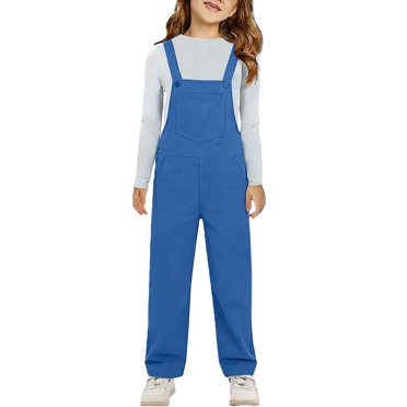 felwors Girls Denim Overalls Baggy Straight Wide Leg Jumpsuit Casual Jean Bib Overall Teen Strap Solid Romper (Blue, 9-10 Years)