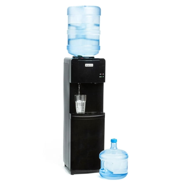 Igloo IWCTL352CHBK Hot, Cold & Room Temperature Top-Load Water Dispenser in black with a clear blue 3 or 5-gallon water bottle on top, dispensing water into a clear glass, featuring two spigots, a child safety lock, and a removable drip tray, with an extra water bottle beside it on a white background.