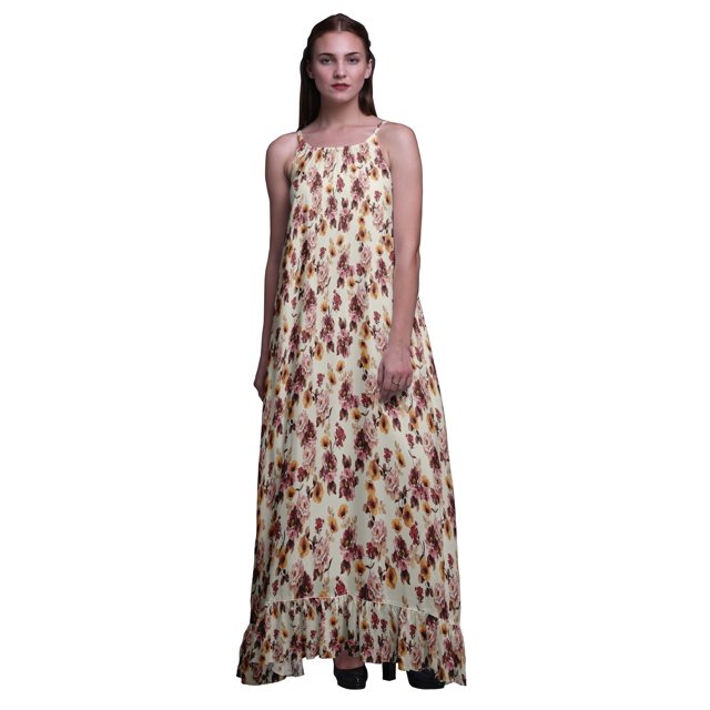 Bimba White7 Floral Peony & Buttercup Printed Nightwear For Women Long Spaghetti Strap Maxi Dress Sleepwear Gown XX-Grand