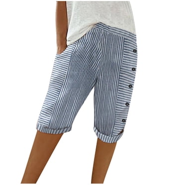 Birdeem Capris Décontractés pour Femmes d'Été Tissés à Rayures Patchwork à Boutons Amples en Coton et Lin