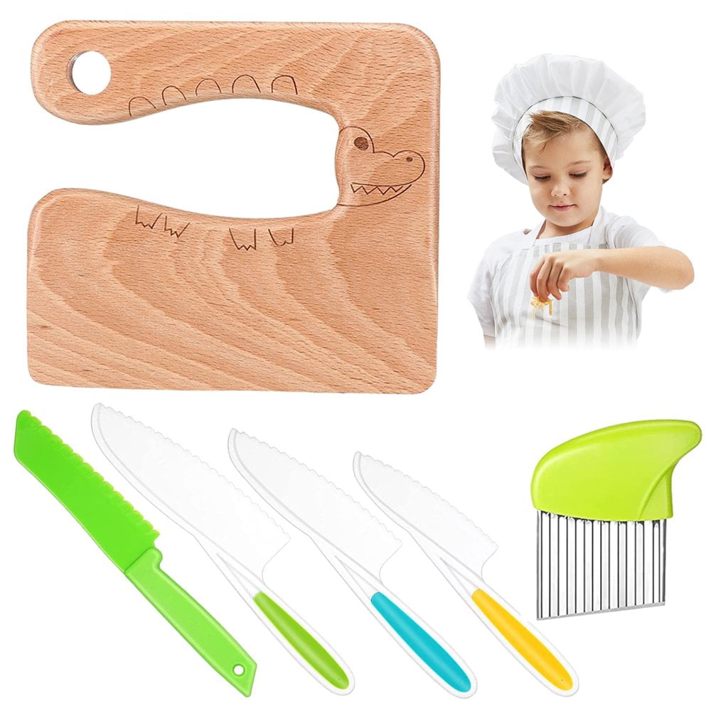 MesaSe 6pcs Wooden Kids Knife Set Safe Plastic Toddler Knife Set Include Cute Pattern Wooden Knife Potato Slicers Serrated Knives Flat knife for Kitchen Children