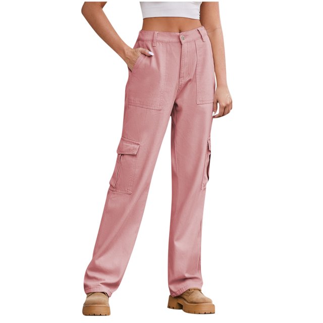 Besolor Jeans Cargo Taille Haute pour Femmes, Jambe Droite Extensible à Poches à Rabat, Pantalon Cargo en Denim Ample, Rose