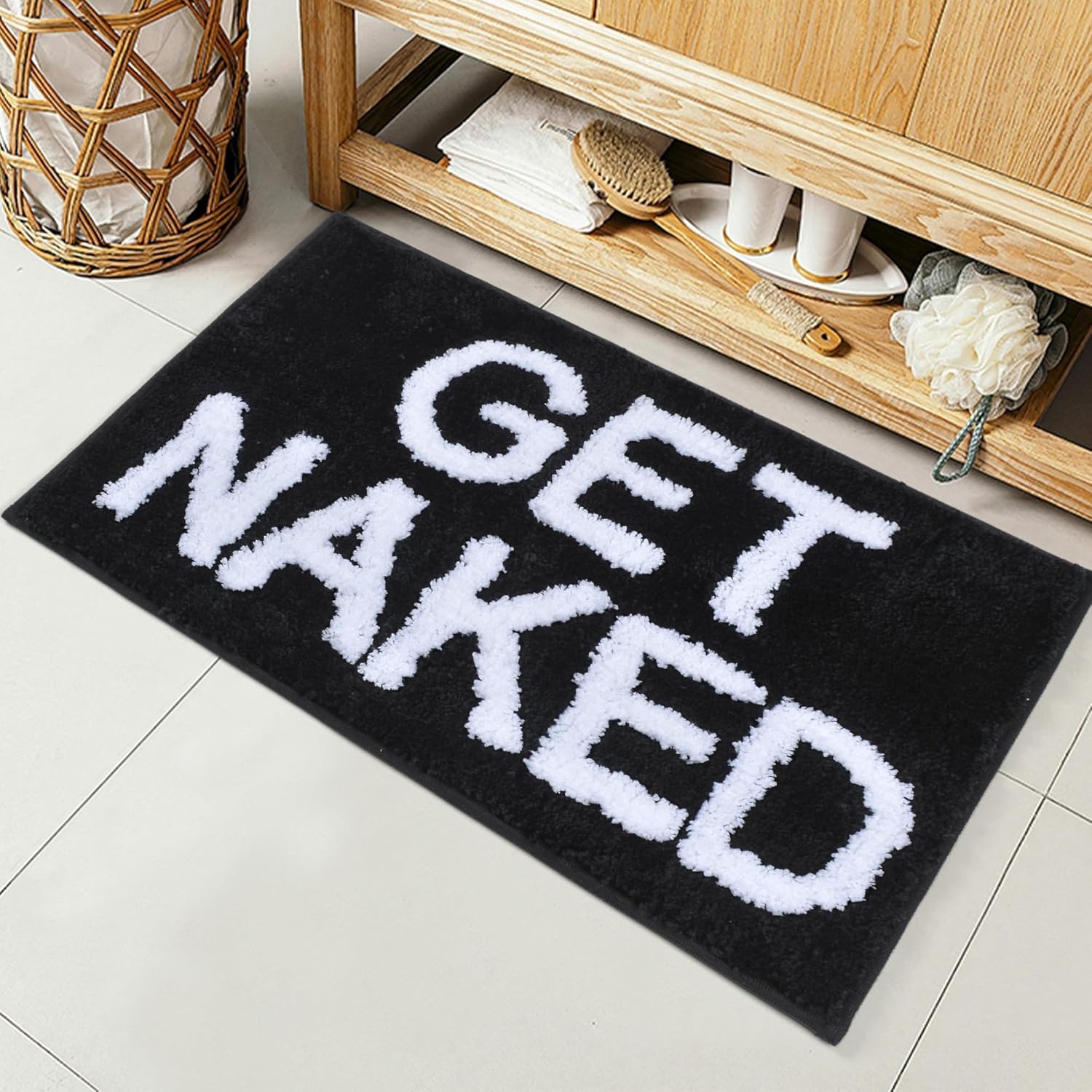 Get Naked Bath Mats Non Slip (16\u201dx24\u201d) Microfiber Absorbent Cute Bath Rugs Funny Bathroom Decor for Apartment Bath mat for Tub and Shower Machine Washable Black