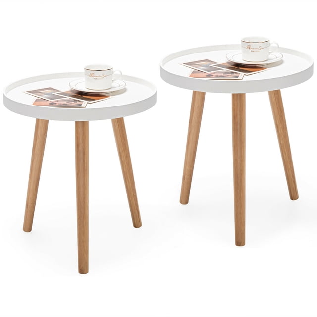 Gymax Ensemble de 2 tables d'Appoint Rondes pour Sofa, Table Basse d'Extrémité, Table de Chevet pour la Maison avec Deux tables Minimalistes Dotées de Plateaux en MDF Blancs et de Pieds en Bambou. le Bord à Rebord Assure la Sécurité et Empêche les Articles de Glisser. Idéal pour une Utilisation comme tables de Chevet Modernes, tables à Café Ou tables d'Appoint dans les Chambres, Salons Ou Balcons.