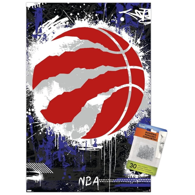 NBA Toronto Raptors - Maximalist Logo 23 Wall Poster, 22.375" x 34", depicting a red basketball with silver claw marks on a black, white, and blue graffiti splatter background. Includes 30 clear pushpins for easy, damage-free hanging, suitable for sports fan room decor.