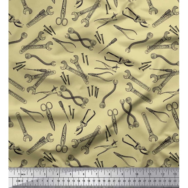 Soimoi Beige Poly Georgette Fabric Tools Hardware Print Sewing Fabric Yard 52 Inch Wide