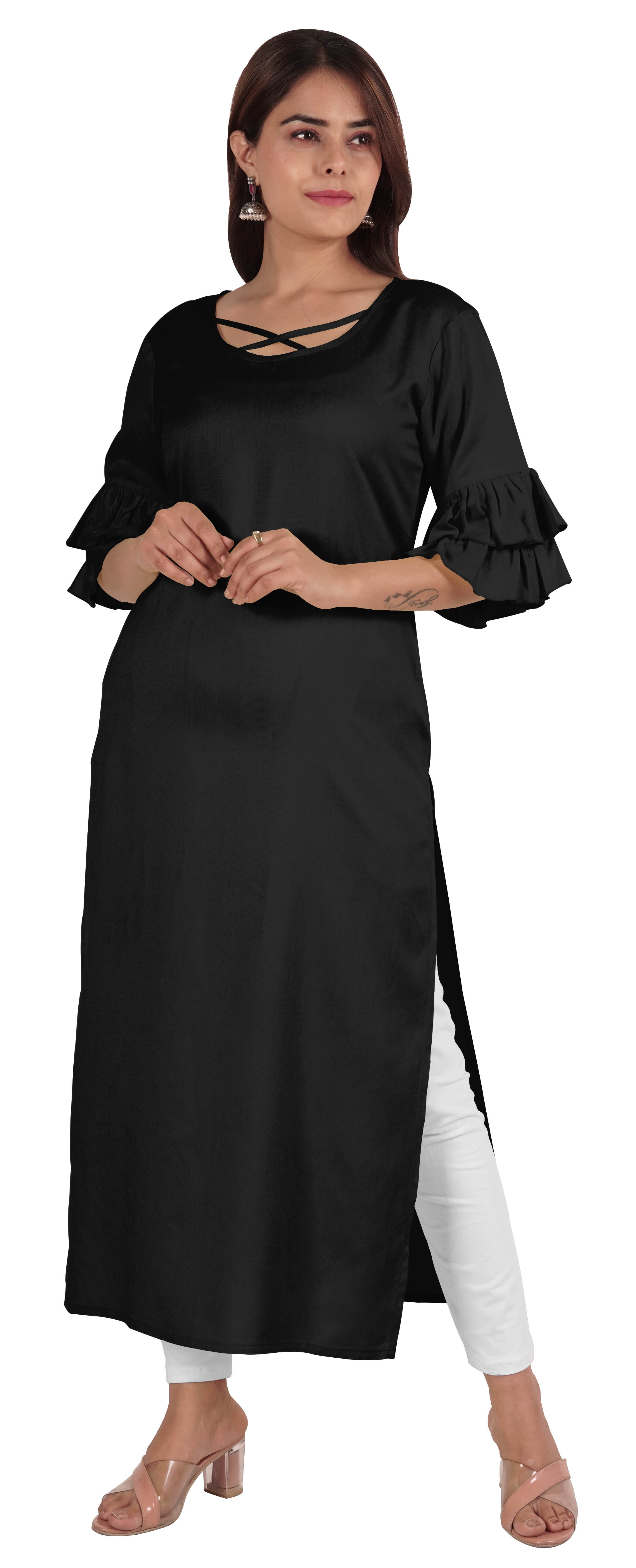 Moomaya Kurta en Rayonne Uni pour Femmes à Manches Évasées, Col à Cordon, Kurti Ethnique Long