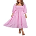 thumbnail image 1 of Femmes Été Robe Bohème Adultes Off-Épaule Smocked Puff Manches Plaid une Seule Pièce, 1 of 7