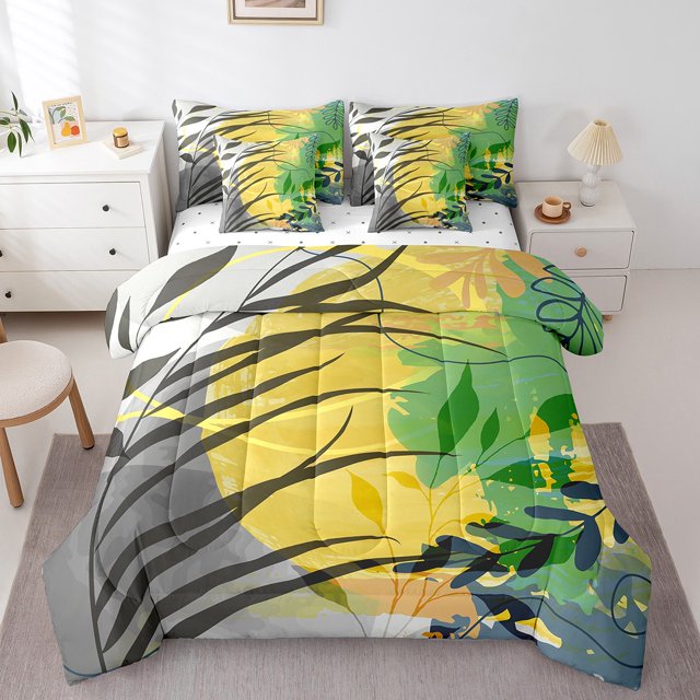 YST 7Pcs Grey Black Yellow Comforter Set Mid Century Abstract Bedding, Full Size (1 Comforter, 1 Flat Sheet, 1 Fitted Sheet, 2 Pillowcases, 2 Throw Pillow Covers)
