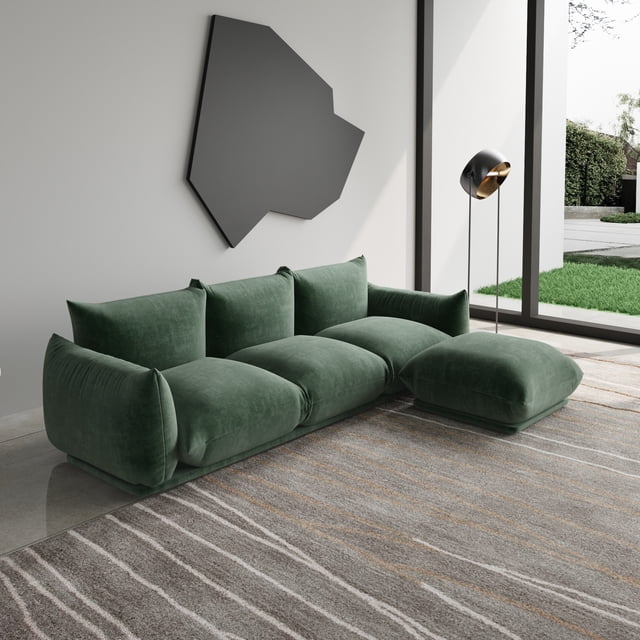 The Magic Home Convertible Modular L-Shaped Chenille Sectional Sofa Sofas, Green shown in a stylish living room. This sectional sofa features durable green chenille upholstery and a modular design for versatile configurations. Positioned on a striped area rug near a large window, it enhances the modern decor with its soft texture and streamlined contours, ideal for living rooms or home offices.