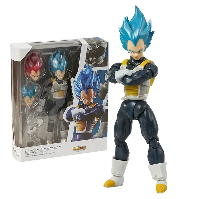 Dragonball Super Son Goku Ultra Instinct SHF Collection Action Figure PVC Model Figurals, a collectible 15-16.5cm PVC figure with blue spiked hair, muscular build, and articulated joints. The figure is displayed alongside its packaging, which includes alternate headpieces and accessories.