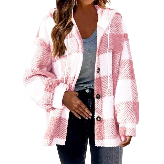Fartey Plus Size Womens Plaid Fleece Shacket Jacket Oversized Flannel Button Down Fall Hoodie Jackets with Drawstring Warm Winter Coats Pink 2XL