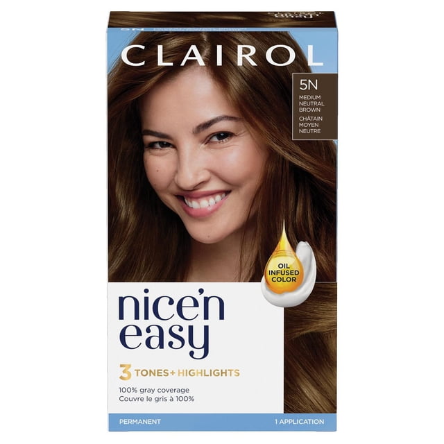 Clairol Nice'n Easy Permanent Hair Dye 5N Medium Neutral Brown with 3 tones and highlights, oil-infused color cream offering 100% gray coverage and natural-looking permanent hair color in one application.