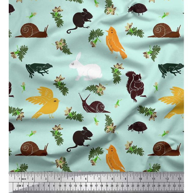 Soimoi Tissu Crêpe en Polyester Oiseaux, Imprimés d'Animaux Squirrel & Rabbit au Mètre, 52 Pouces de Large