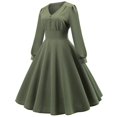 thumbnail image 4 of Robe à Manches Longues pour Femmes Robe Unie à Manches Longues à Col en V Rétro à Taille Haute avec Empiècements, 4 of 8