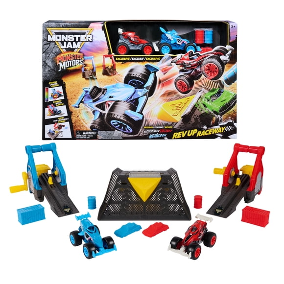 Monster Jam Monster Motors Rev Up Raceway Playset with 2 Exclusive Monster Trucks, Megalodon & Power Rush, Kids Toys for Ages 3+